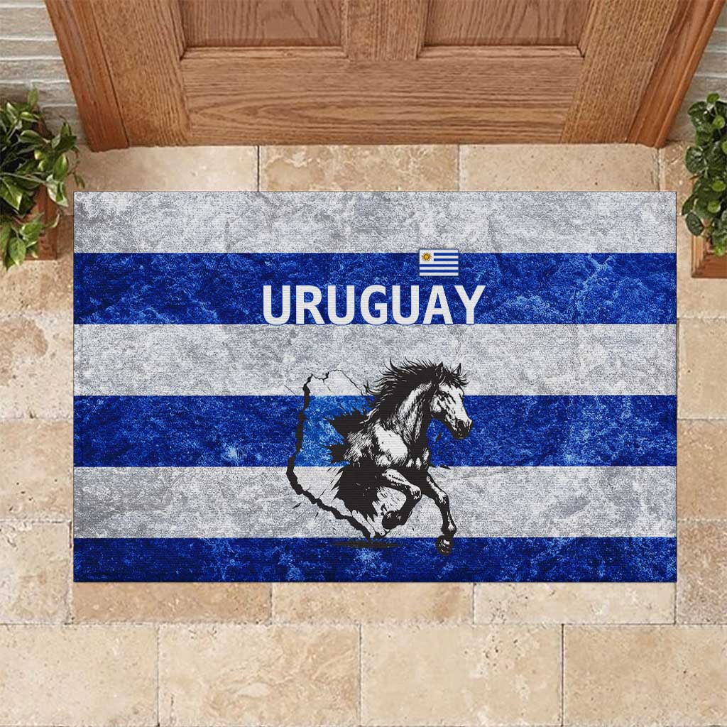 Uruguay Rubber Doormat with Wild Horse Illustration Blue Gray Striped - Wonder Print Shop