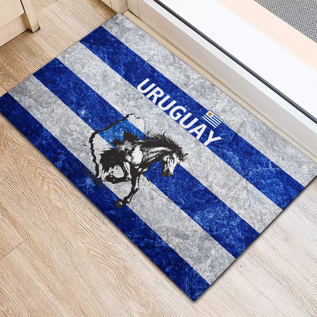 Uruguay Rubber Doormat with Wild Horse Illustration Blue Gray Striped - Wonder Print Shop