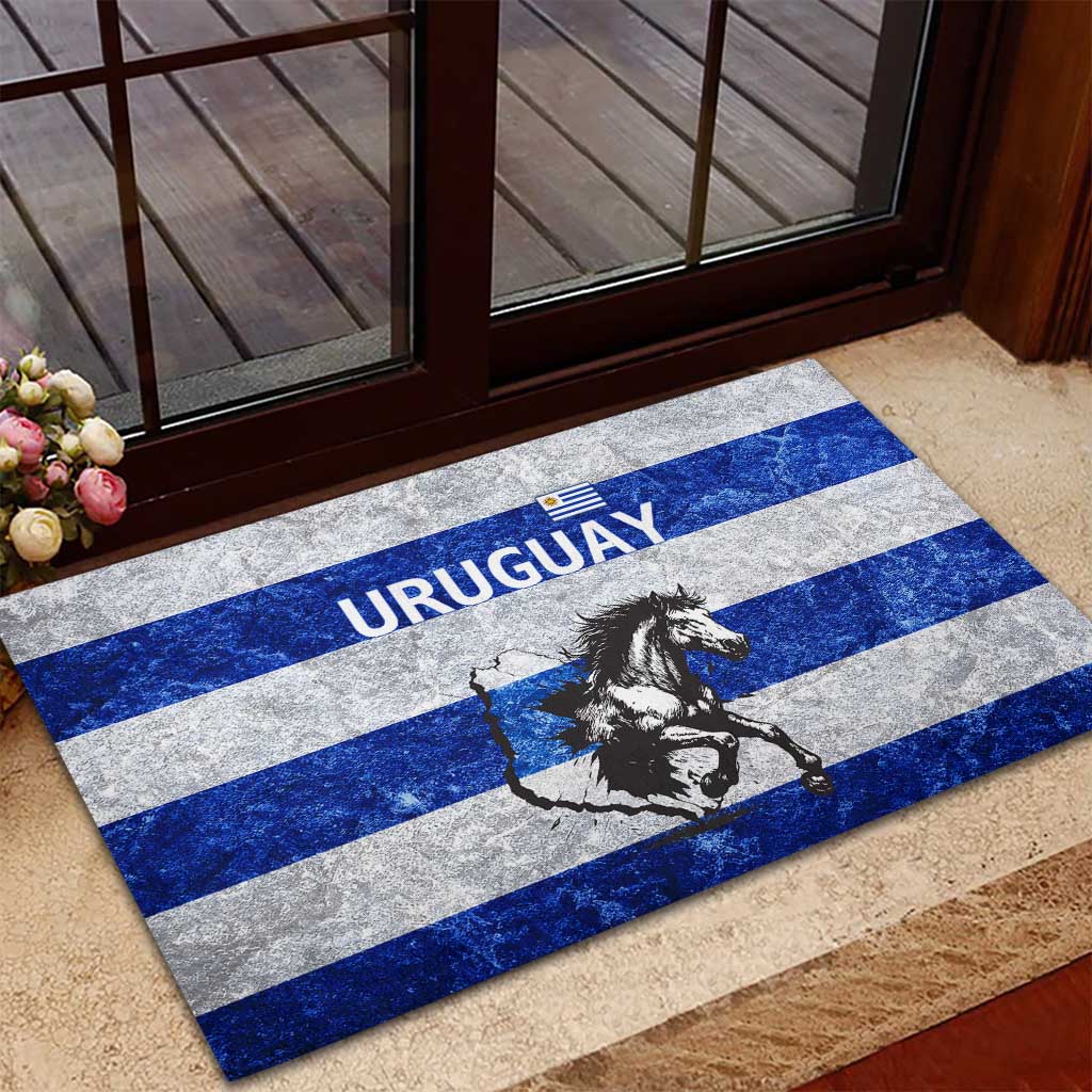 Uruguay Rubber Doormat with Wild Horse Illustration Blue Gray Striped - Wonder Print Shop