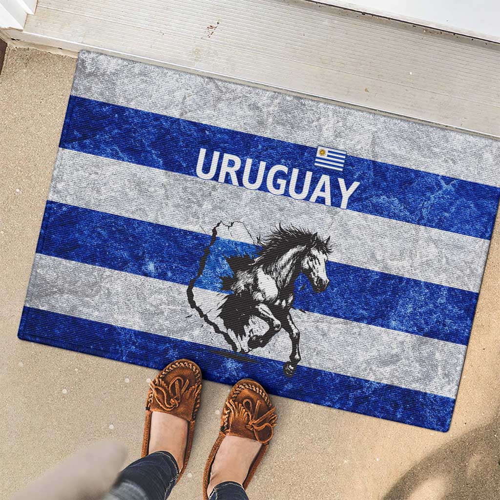 Uruguay Rubber Doormat with Wild Horse Illustration Blue Gray Striped - Wonder Print Shop