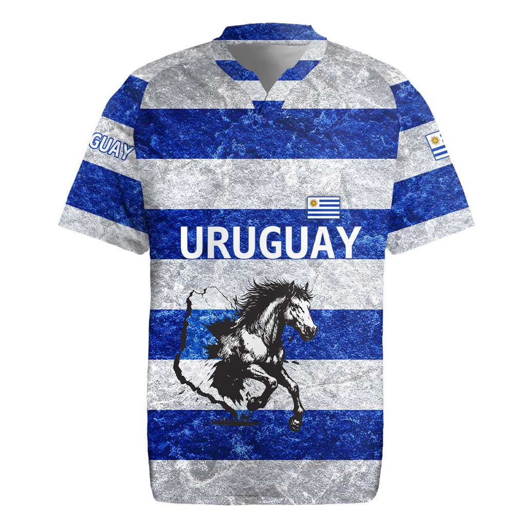 Uruguay Rugby Jersey with Wild Horse Illustration Blue Gray Striped - Wonder Print Shop