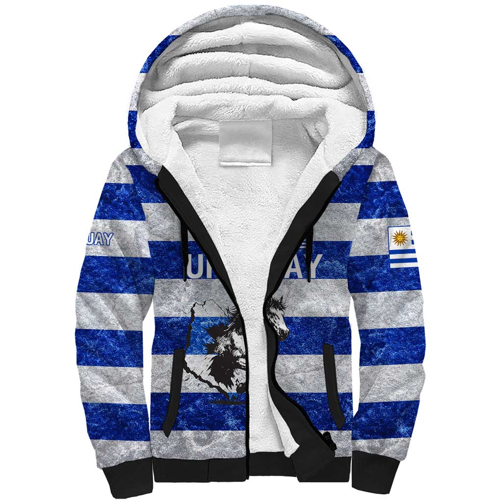 Uruguay Sherpa Hoodie with Wild Horse Illustration Blue Gray Striped - Wonder Print Shop