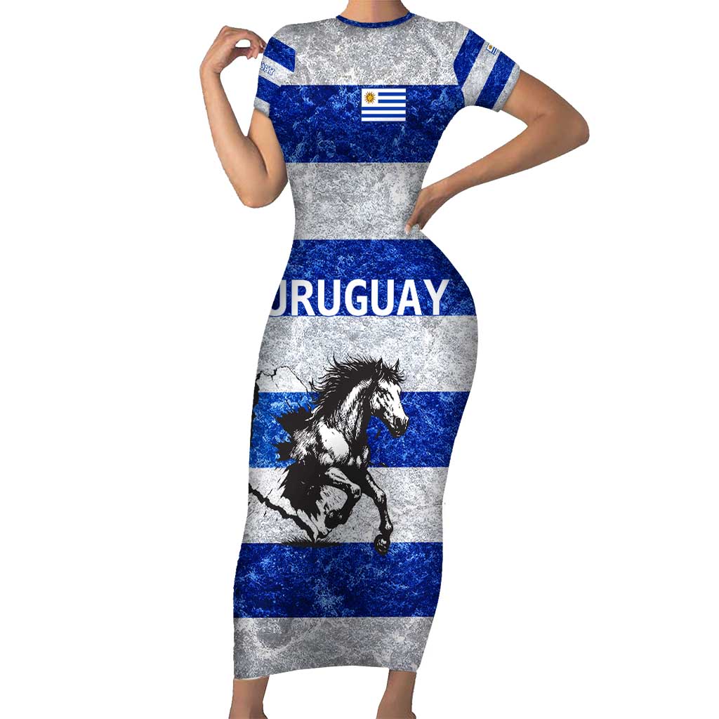 Uruguay Short Sleeve Bodycon Dress with Wild Horse Illustration Blue Gray Striped - Wonder Print Shop