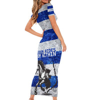 Uruguay Short Sleeve Bodycon Dress with Wild Horse Illustration Blue Gray Striped - Wonder Print Shop