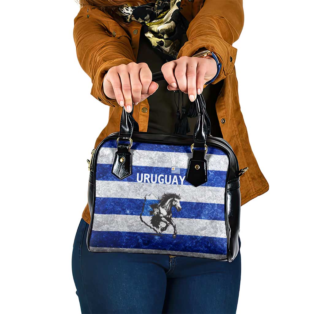 Uruguay Shoulder Handbag with Wild Horse Illustration Blue Gray Striped - Wonder Print Shop
