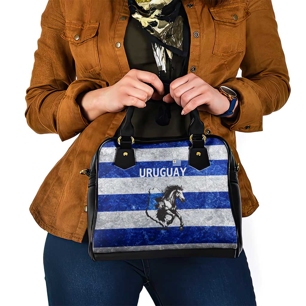 Uruguay Shoulder Handbag with Wild Horse Illustration Blue Gray Striped - Wonder Print Shop