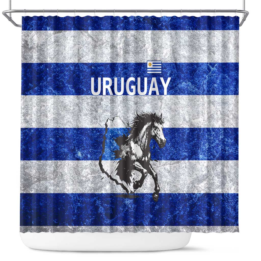 Uruguay Shower Curtain with Wild Horse Illustration Blue Gray Striped - Wonder Print Shop