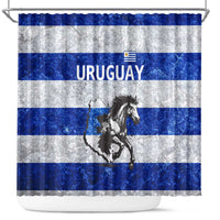 Uruguay Shower Curtain with Wild Horse Illustration Blue Gray Striped - Wonder Print Shop