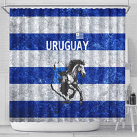 Uruguay Shower Curtain with Wild Horse Illustration Blue Gray Striped - Wonder Print Shop