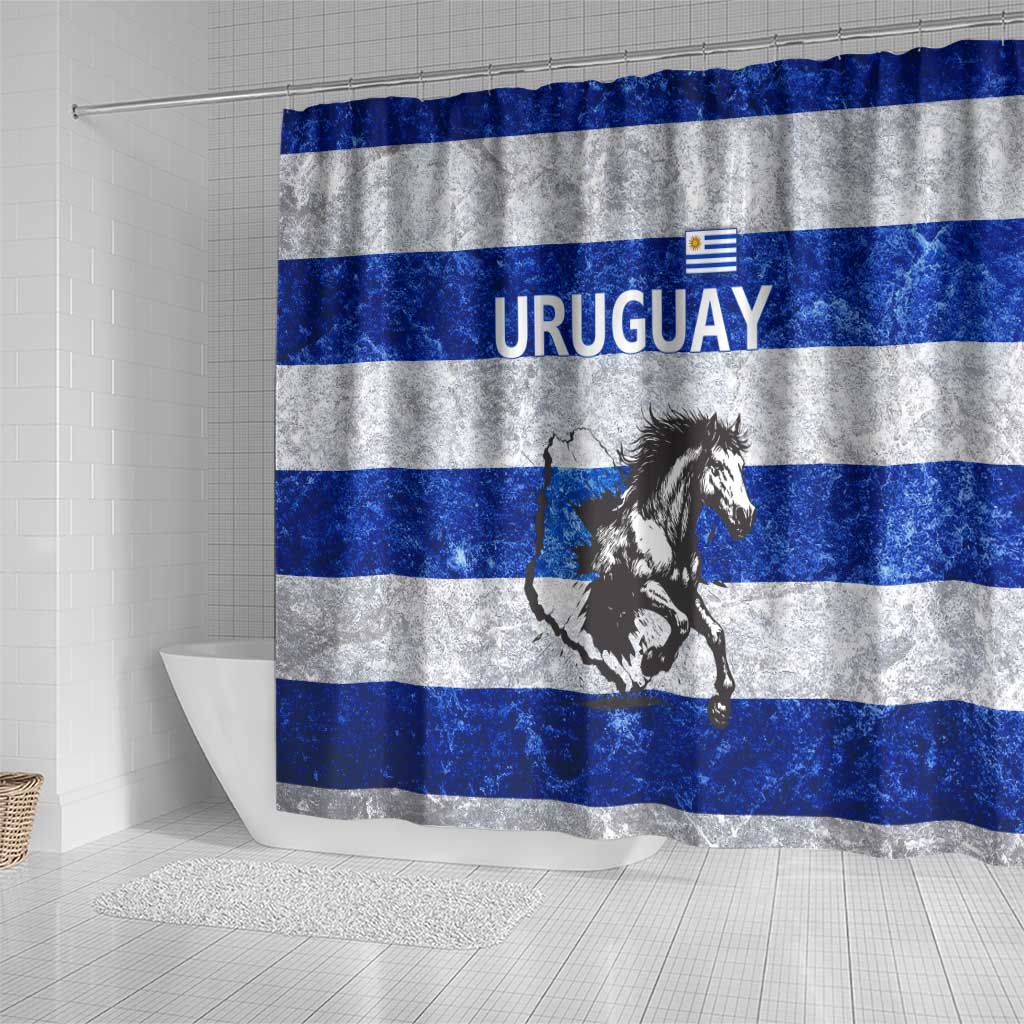 Uruguay Shower Curtain with Wild Horse Illustration Blue Gray Striped - Wonder Print Shop