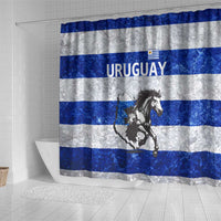Uruguay Shower Curtain with Wild Horse Illustration Blue Gray Striped - Wonder Print Shop