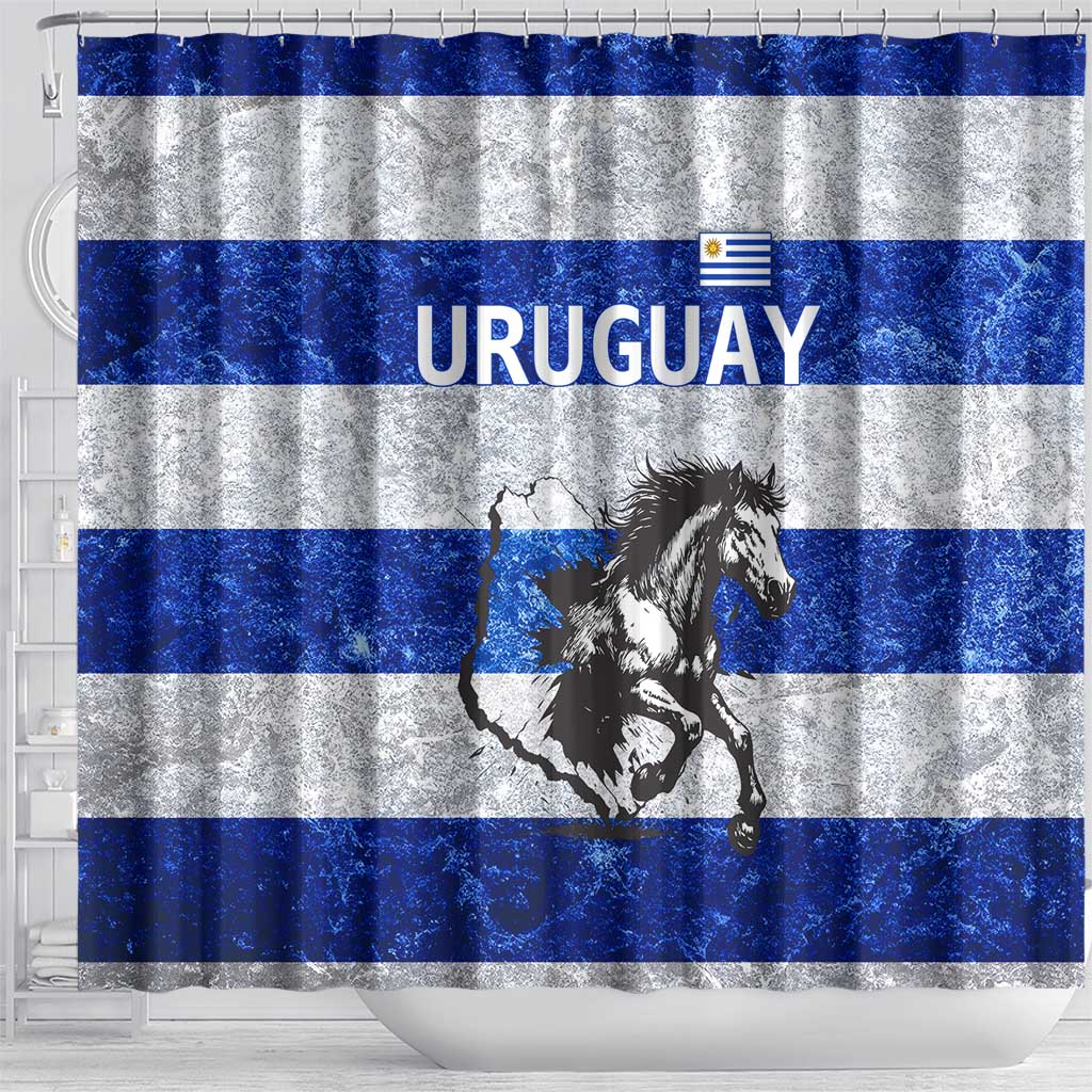 Uruguay Shower Curtain with Wild Horse Illustration Blue Gray Striped - Wonder Print Shop