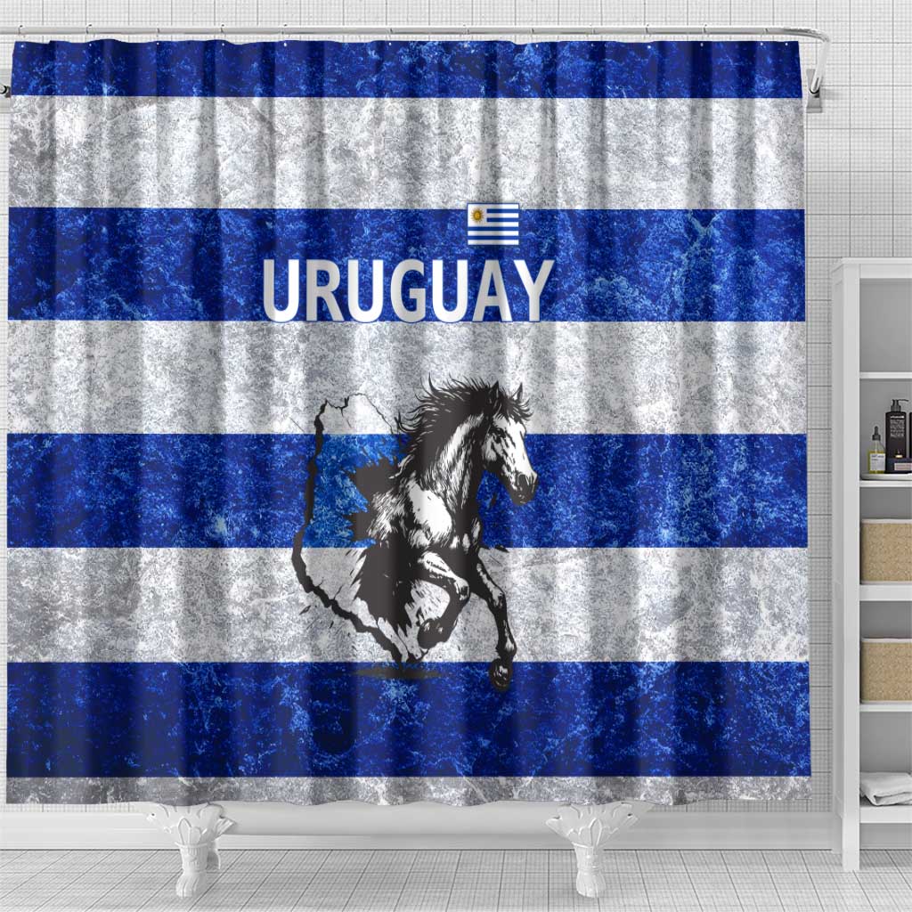 Uruguay Shower Curtain with Wild Horse Illustration Blue Gray Striped - Wonder Print Shop