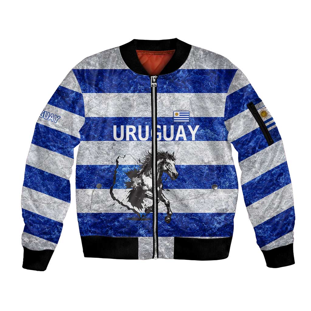 Uruguay Sleeve Zip Bomber Jacket with Wild Horse Illustration Blue Gray Striped - Wonder Print Shop