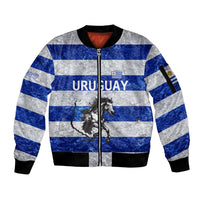 Uruguay Sleeve Zip Bomber Jacket with Wild Horse Illustration Blue Gray Striped - Wonder Print Shop