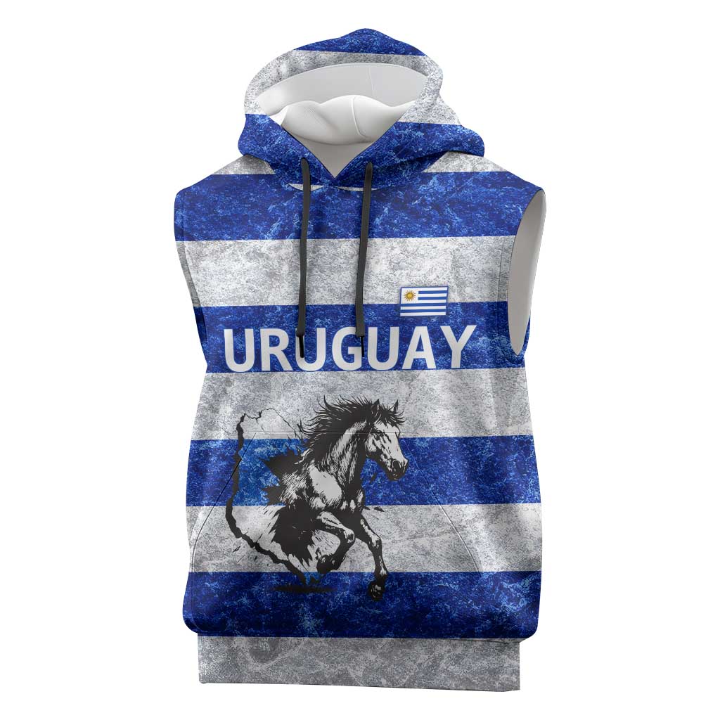 Uruguay Sleeveless Hoodie with Wild Horse Illustration Blue Gray Striped - Wonder Print Shop