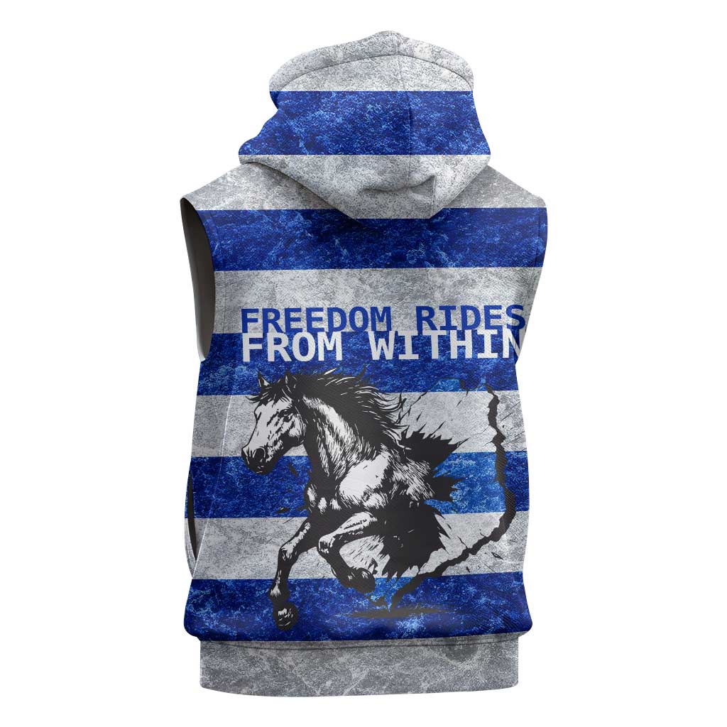 Uruguay Sleeveless Hoodie with Wild Horse Illustration Blue Gray Striped - Wonder Print Shop