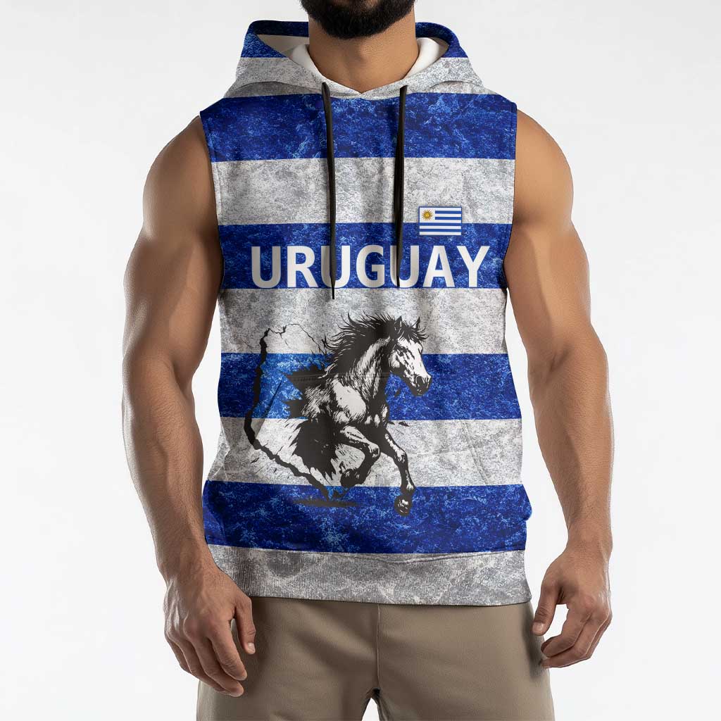 Uruguay Sleeveless Hoodie with Wild Horse Illustration Blue Gray Striped - Wonder Print Shop