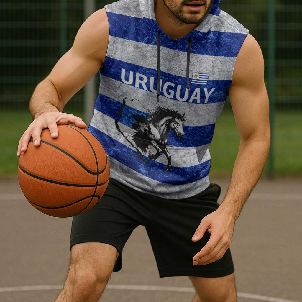 Uruguay Sleeveless Hoodie with Wild Horse Illustration Blue Gray Striped - Wonder Print Shop
