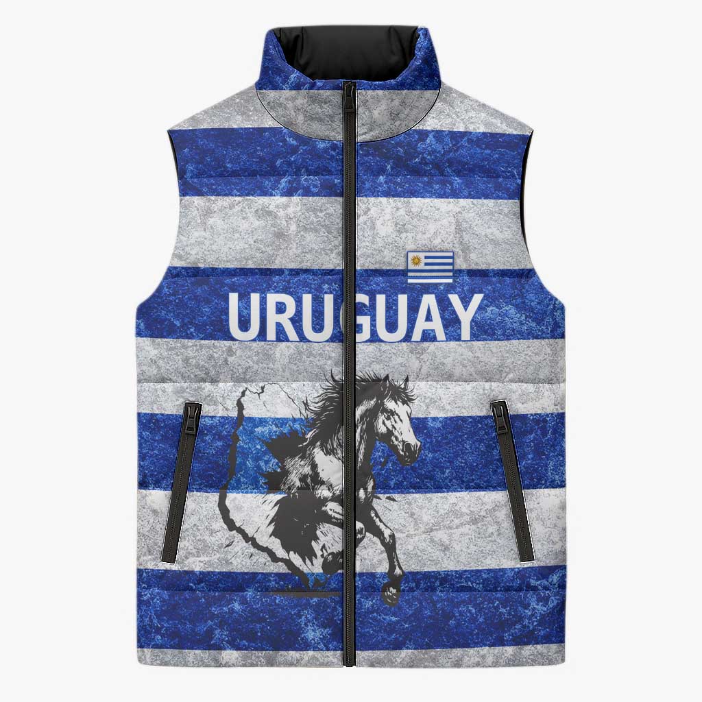 Uruguay Sleeveless Puffer Jacket with Wild Horse Illustration Blue Gray Striped - Wonder Print Shop