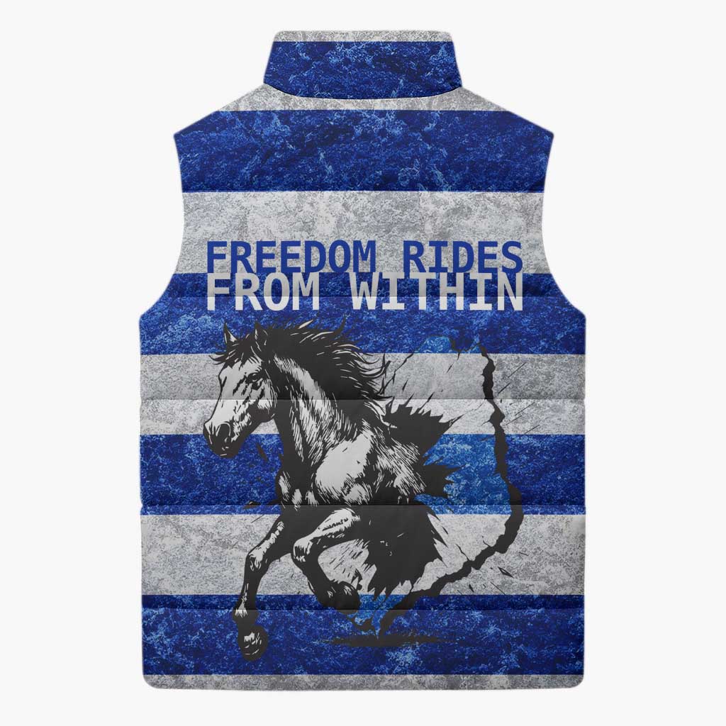 Uruguay Sleeveless Puffer Jacket with Wild Horse Illustration Blue Gray Striped - Wonder Print Shop