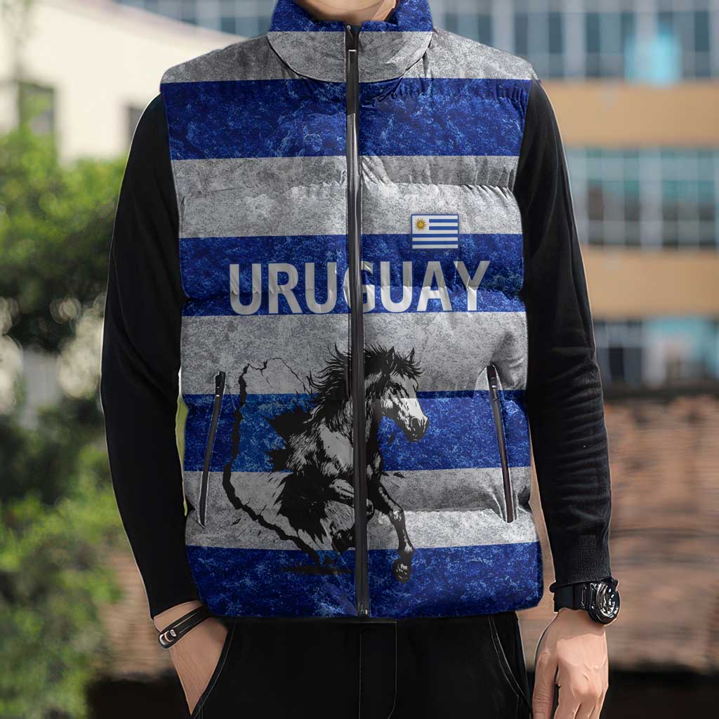 Uruguay Sleeveless Puffer Jacket with Wild Horse Illustration Blue Gray Striped - Wonder Print Shop