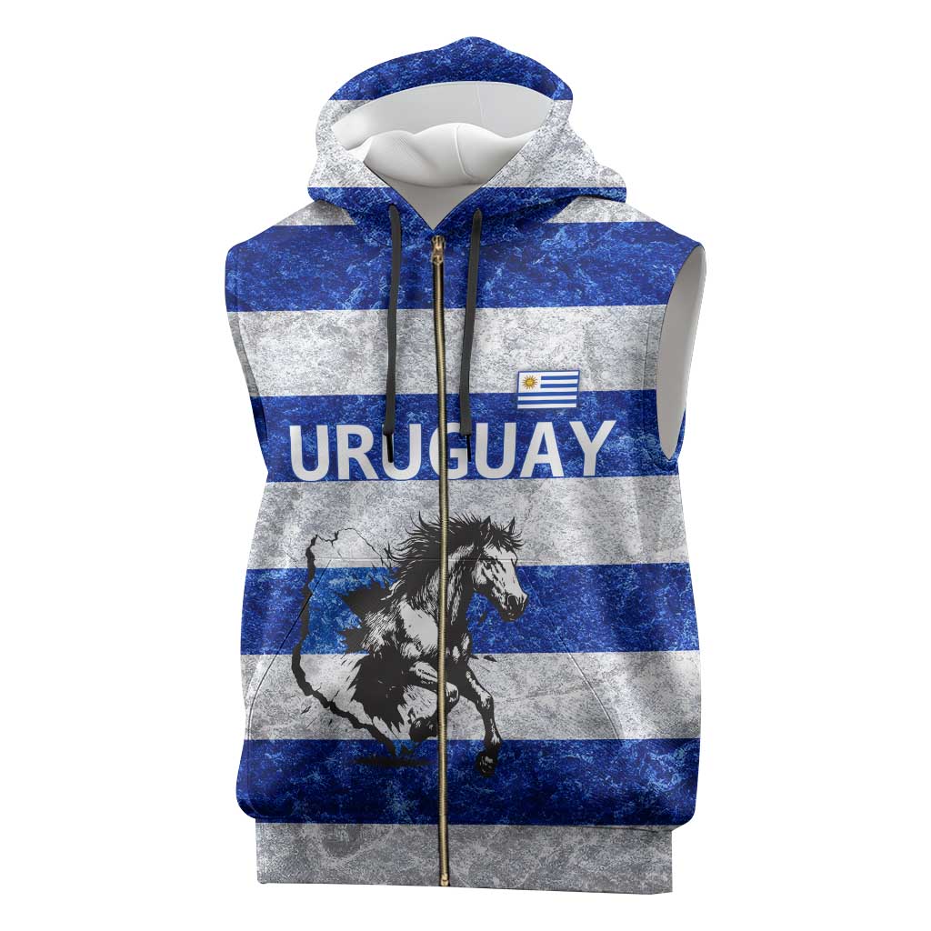 Uruguay Sleeveless Zip Hoodie with Wild Horse Illustration Blue Gray Striped - Wonder Print Shop