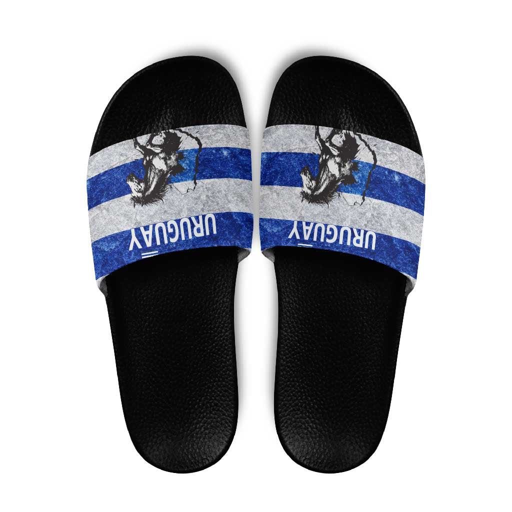 Uruguay Slide Sandals with Wild Horse Illustration Blue Gray Striped - Wonder Print Shop