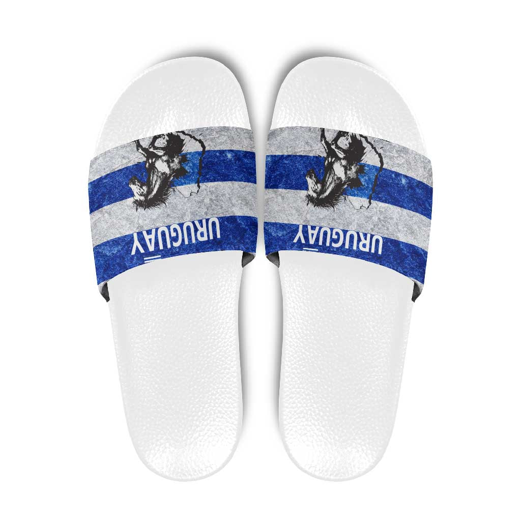 Uruguay Slide Sandals with Wild Horse Illustration Blue Gray Striped - Wonder Print Shop