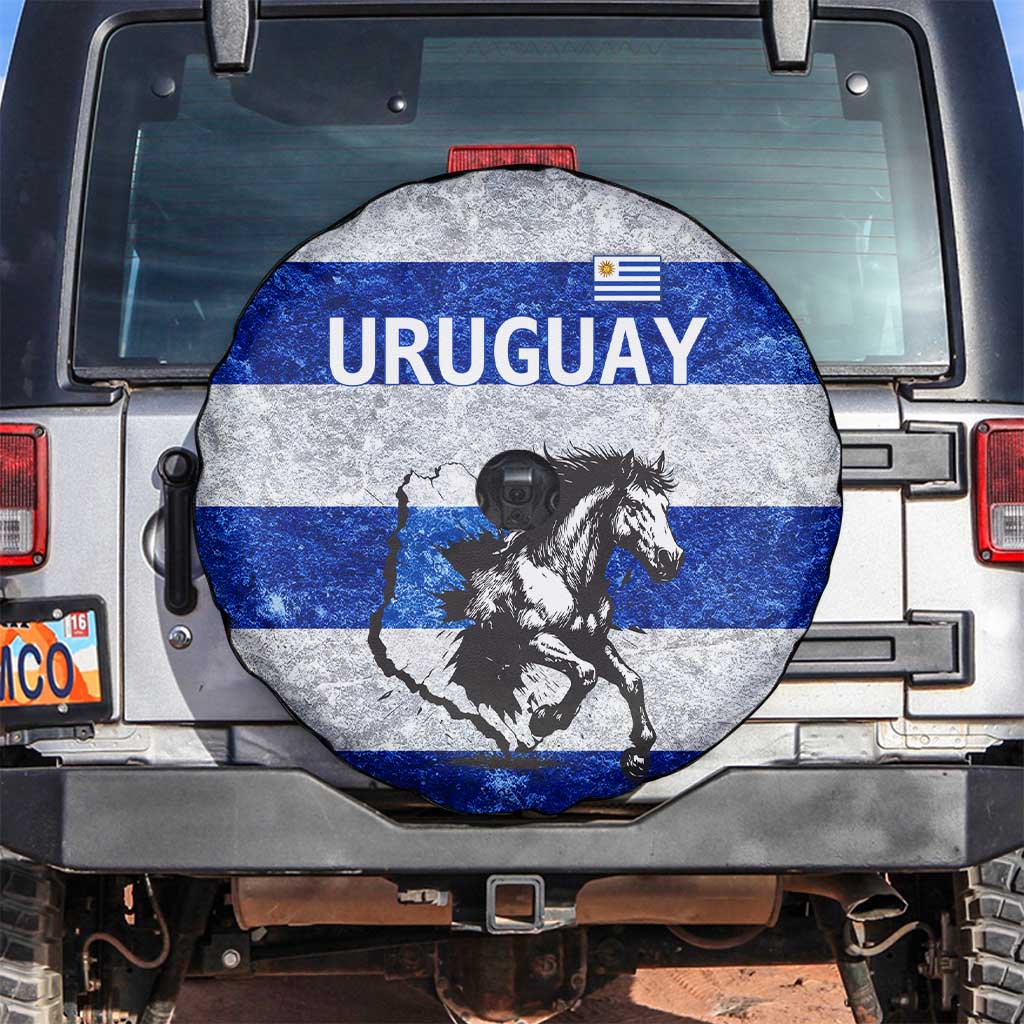 Uruguay Spare Tire Cover with Wild Horse Illustration Blue Gray Striped - Wonder Print Shop