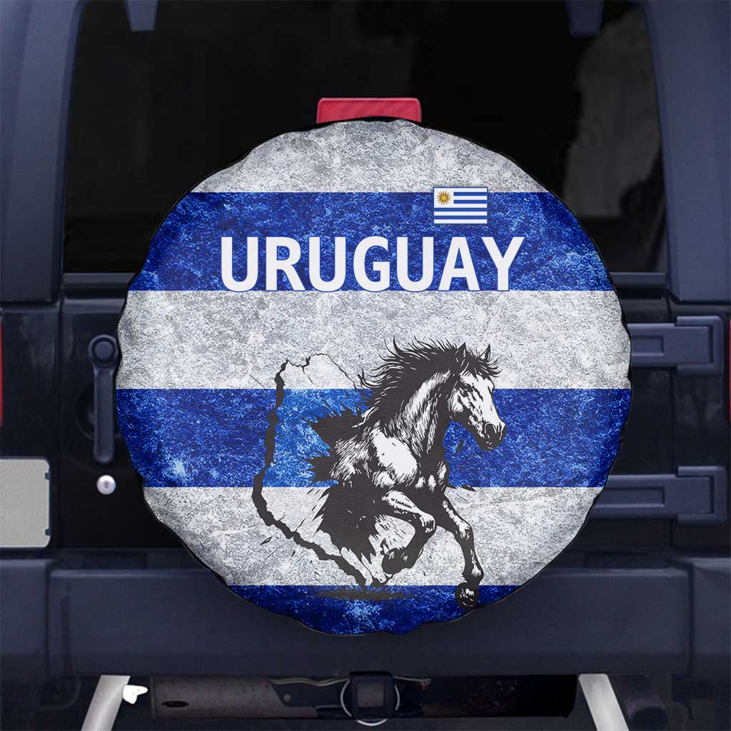 Uruguay Spare Tire Cover with Wild Horse Illustration Blue Gray Striped - Wonder Print Shop