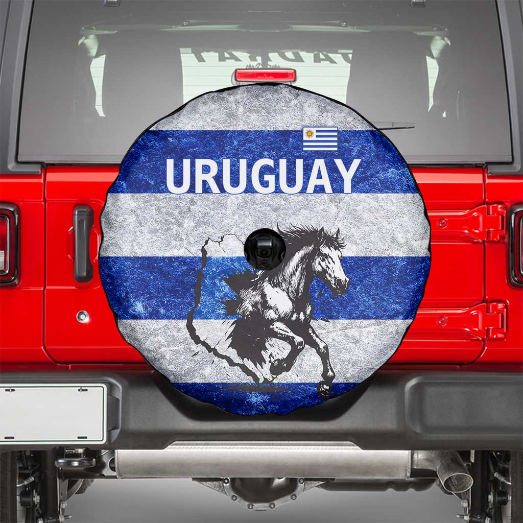 Uruguay Spare Tire Cover with Wild Horse Illustration Blue Gray Striped - Wonder Print Shop