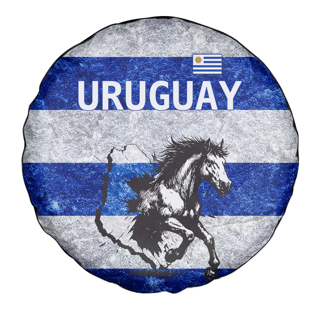 Uruguay Spare Tire Cover with Wild Horse Illustration Blue Gray Striped - Wonder Print Shop