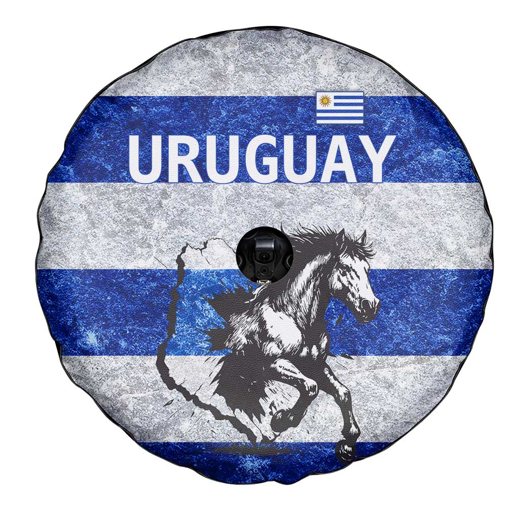 Uruguay Spare Tire Cover with Wild Horse Illustration Blue Gray Striped - Wonder Print Shop