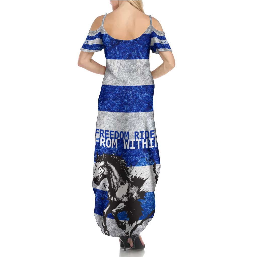 Uruguay Summer Maxi Dress with Wild Horse Illustration Blue Gray Striped - Wonder Print Shop