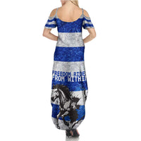 Uruguay Summer Maxi Dress with Wild Horse Illustration Blue Gray Striped - Wonder Print Shop