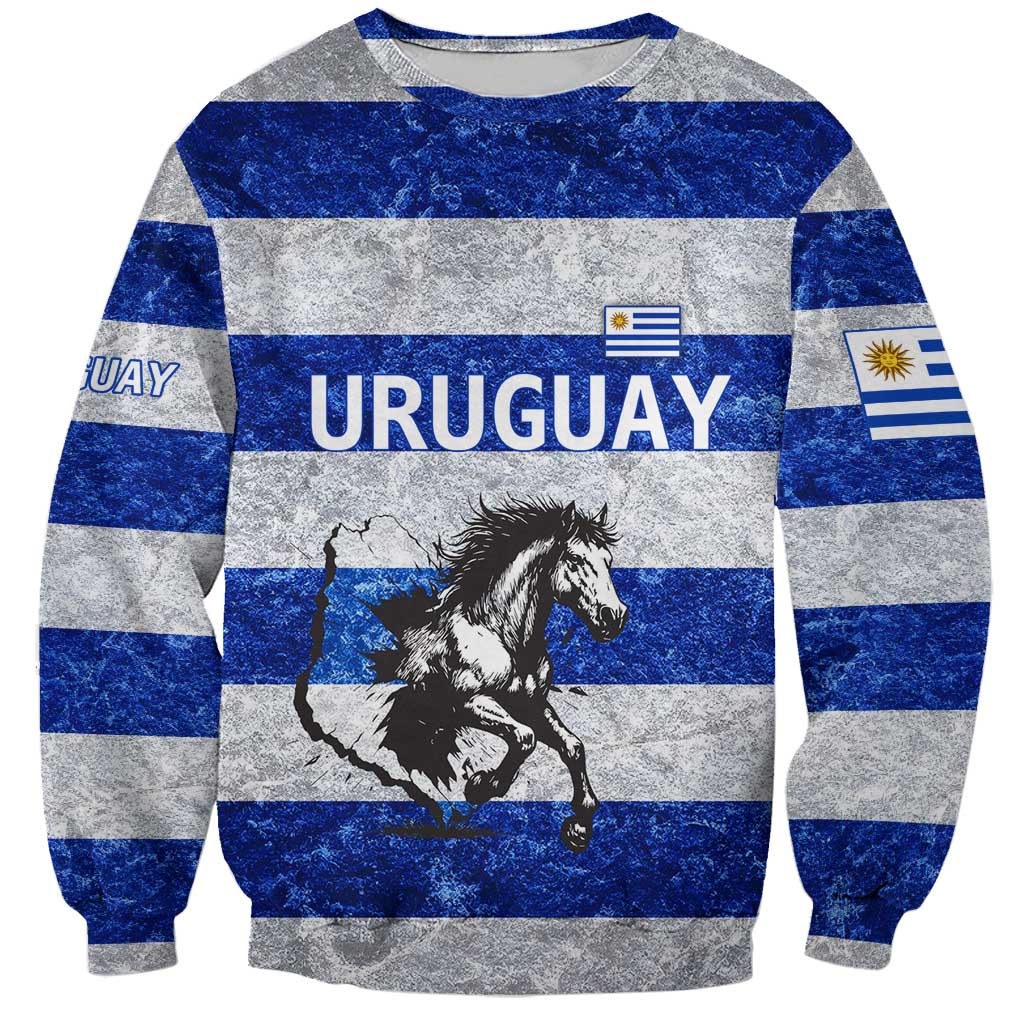 Uruguay Sweatshirt with Wild Horse Illustration Blue Gray Striped - Wonder Print Shop