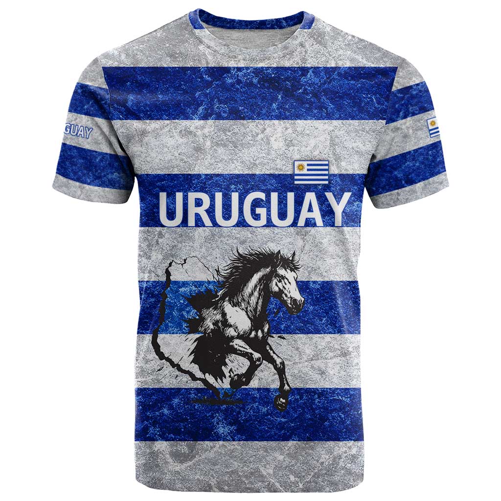 Uruguay T Shirt with Wild Horse Illustration Blue Gray Striped - Wonder Print Shop
