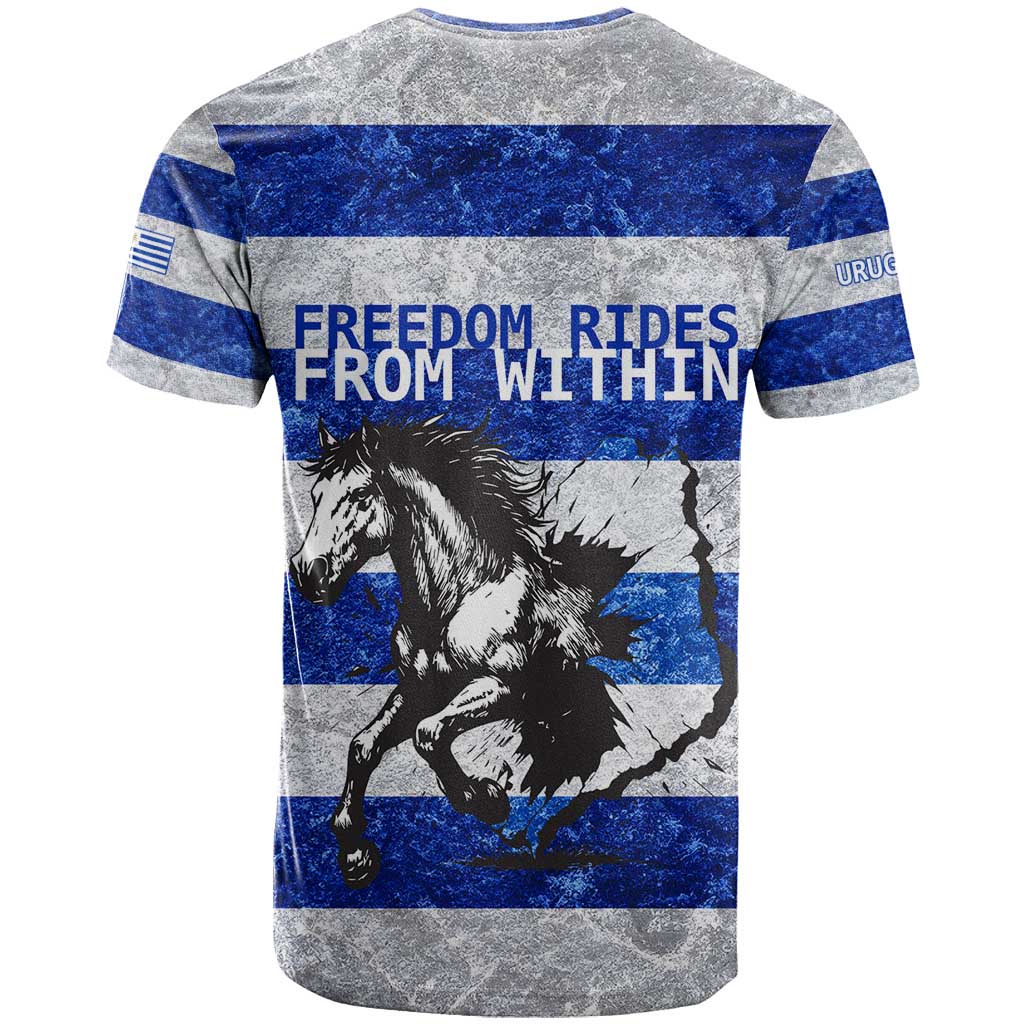 Uruguay T Shirt with Wild Horse Illustration Blue Gray Striped - Wonder Print Shop