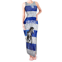 Uruguay Tank Maxi Dress with Wild Horse Illustration Blue Gray Striped - Wonder Print Shop