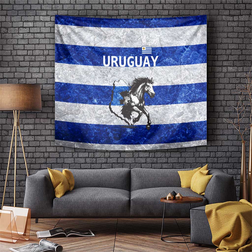 Uruguay Tapestry with Wild Horse Illustration Blue Gray Striped - Wonder Print Shop