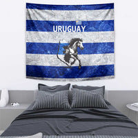 Uruguay Tapestry with Wild Horse Illustration Blue Gray Striped - Wonder Print Shop