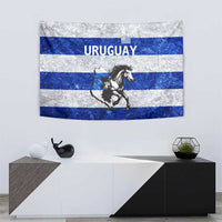 Uruguay Tapestry with Wild Horse Illustration Blue Gray Striped - Wonder Print Shop