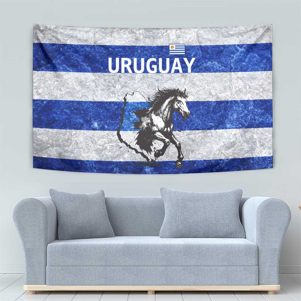 Uruguay Tapestry with Wild Horse Illustration Blue Gray Striped - Wonder Print Shop