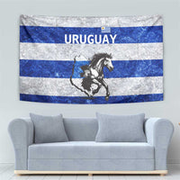 Uruguay Tapestry with Wild Horse Illustration Blue Gray Striped - Wonder Print Shop