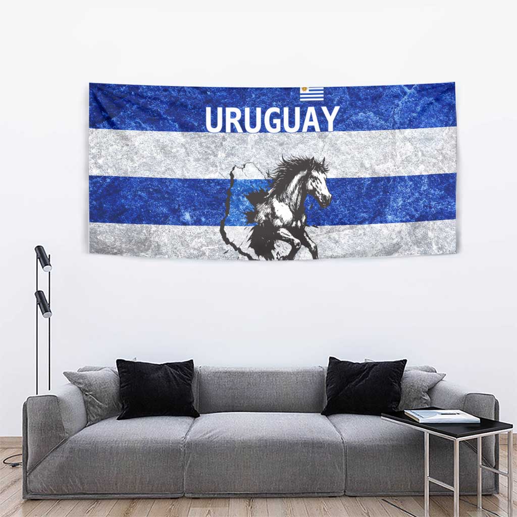 Uruguay Tapestry with Wild Horse Illustration Blue Gray Striped - Wonder Print Shop