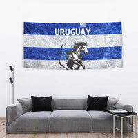Uruguay Tapestry with Wild Horse Illustration Blue Gray Striped - Wonder Print Shop
