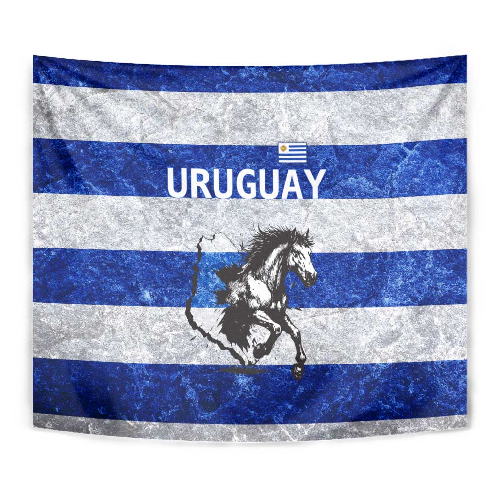 Uruguay Tapestry with Wild Horse Illustration Blue Gray Striped - Wonder Print Shop
