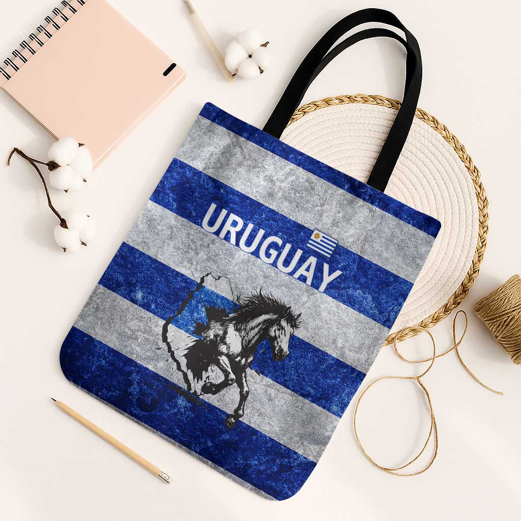 Uruguay Tote Bag with Wild Horse Illustration Blue Gray Striped - Wonder Print Shop