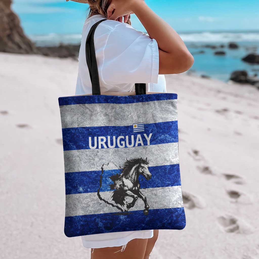 Uruguay Tote Bag with Wild Horse Illustration Blue Gray Striped - Wonder Print Shop